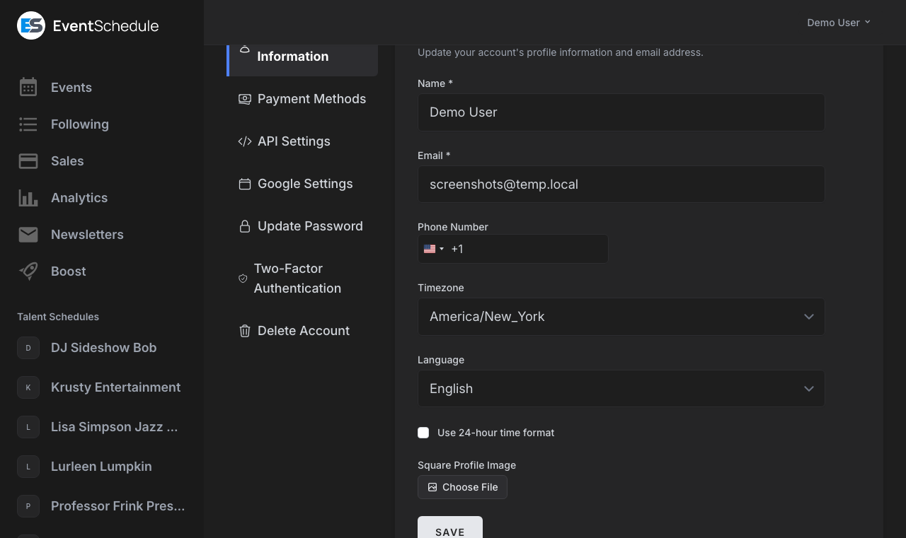Account settings page