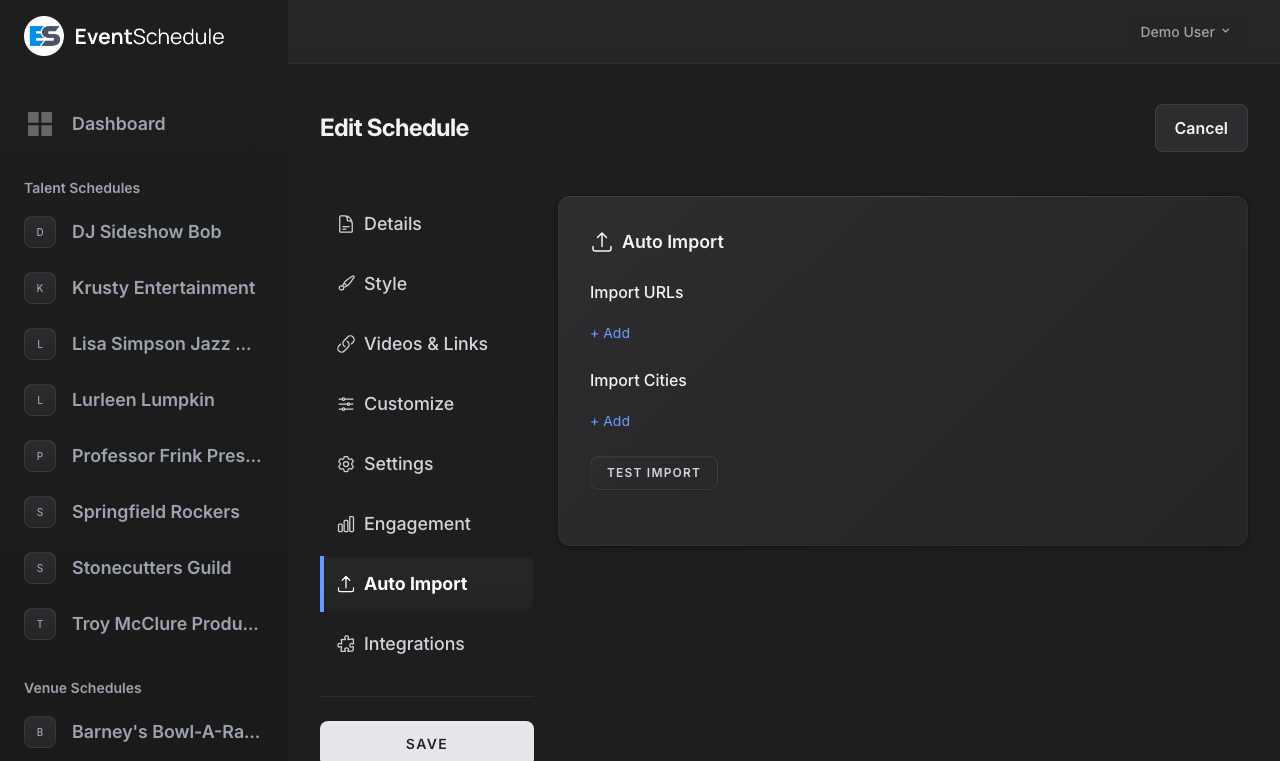 Auto import settings