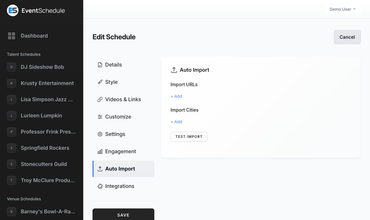 Auto import settings