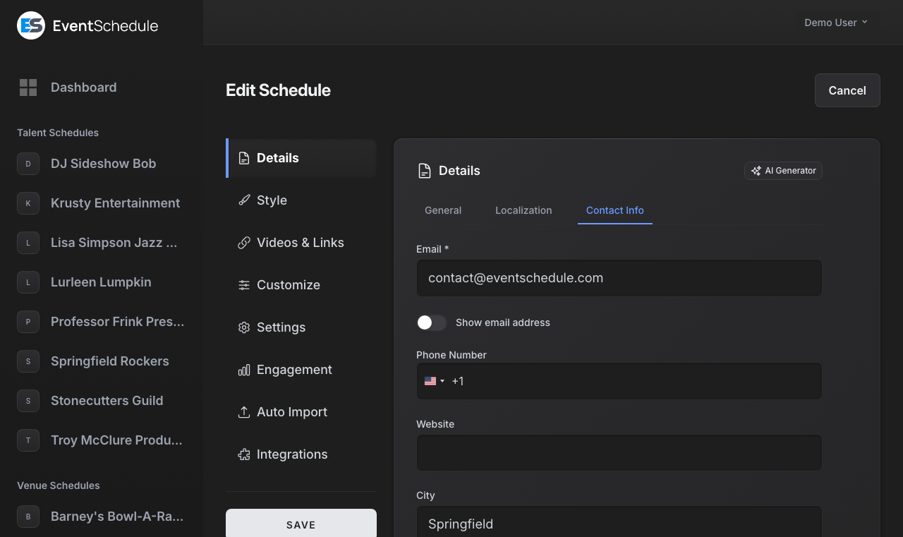 Schedule contact information settings