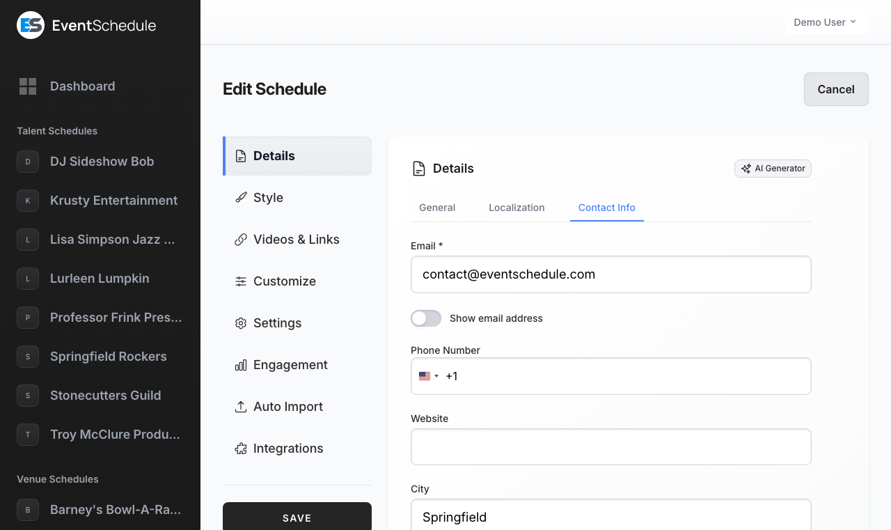 Schedule contact information settings
