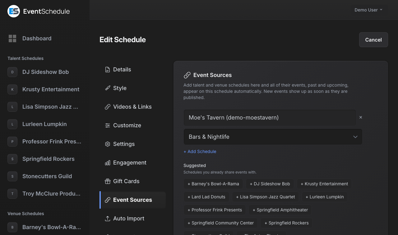 Event sources settings