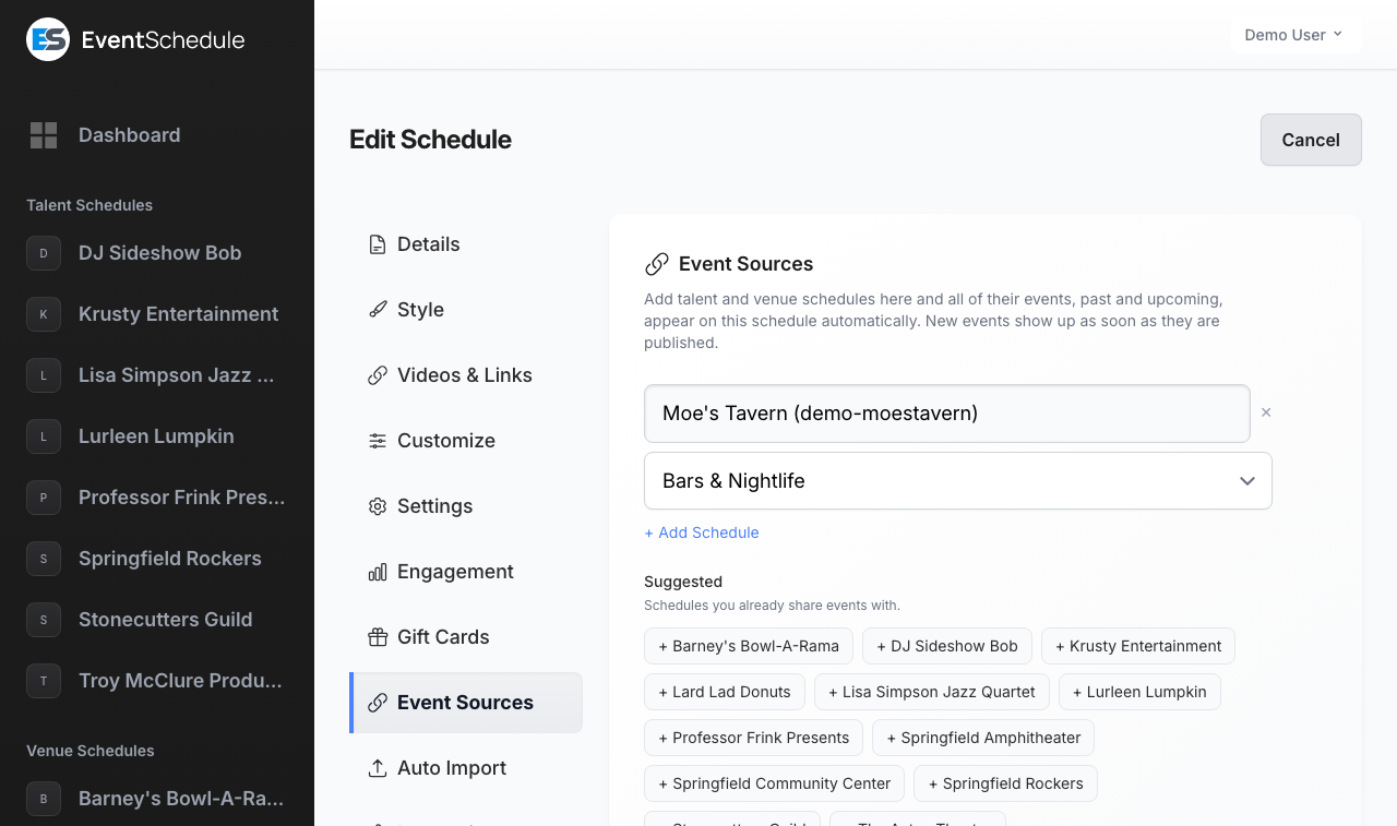 Event sources settings