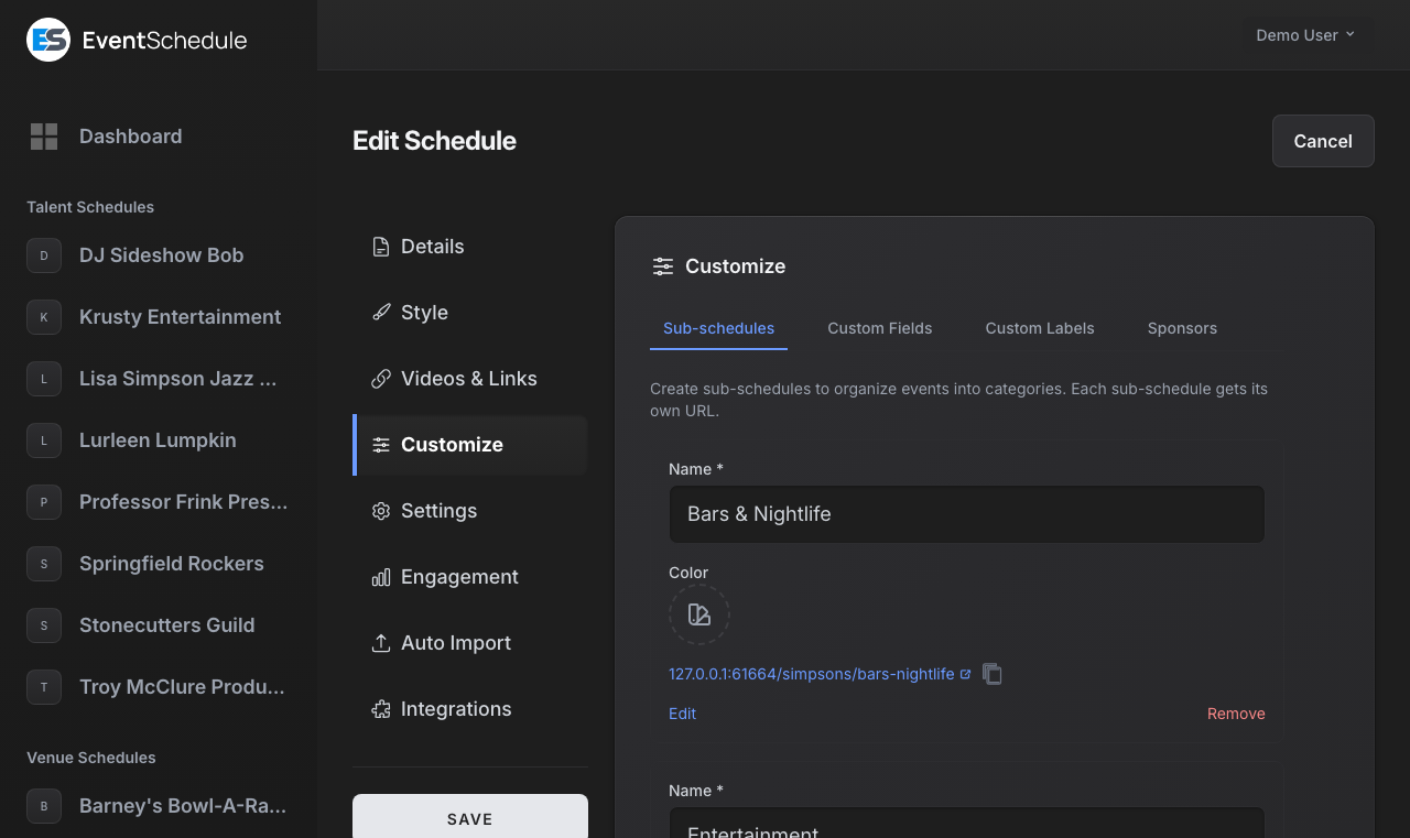 Sub-schedules settings