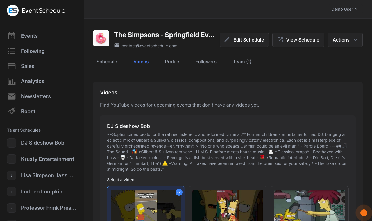 Curator Videos tab suggesting YouTube videos for upcoming events