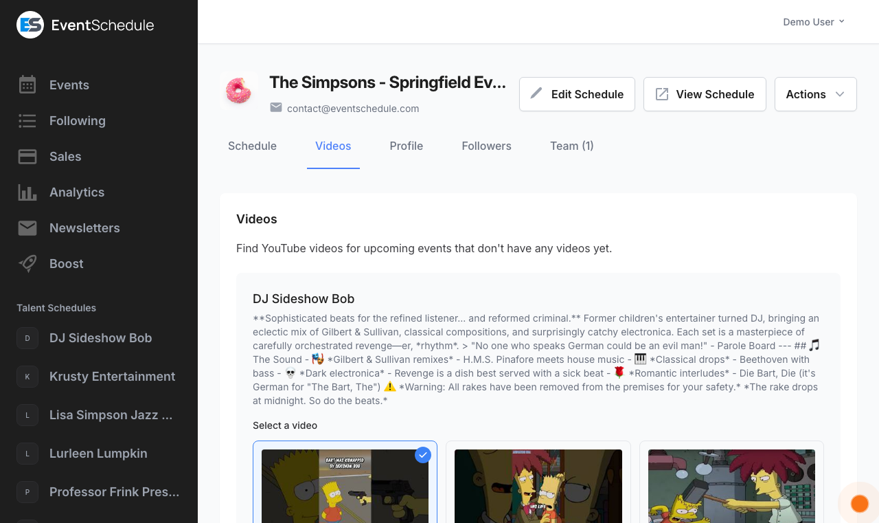 Curator Videos tab suggesting YouTube videos for upcoming events