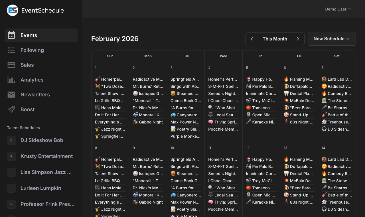 Event Schedule dashboard showing the month calendar, the sidebar list of schedules, and the New Schedule button