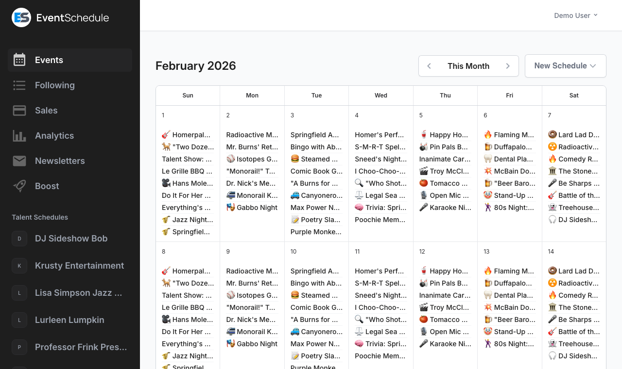 Event Schedule dashboard showing the month calendar, the sidebar list of schedules, and the New Schedule button
