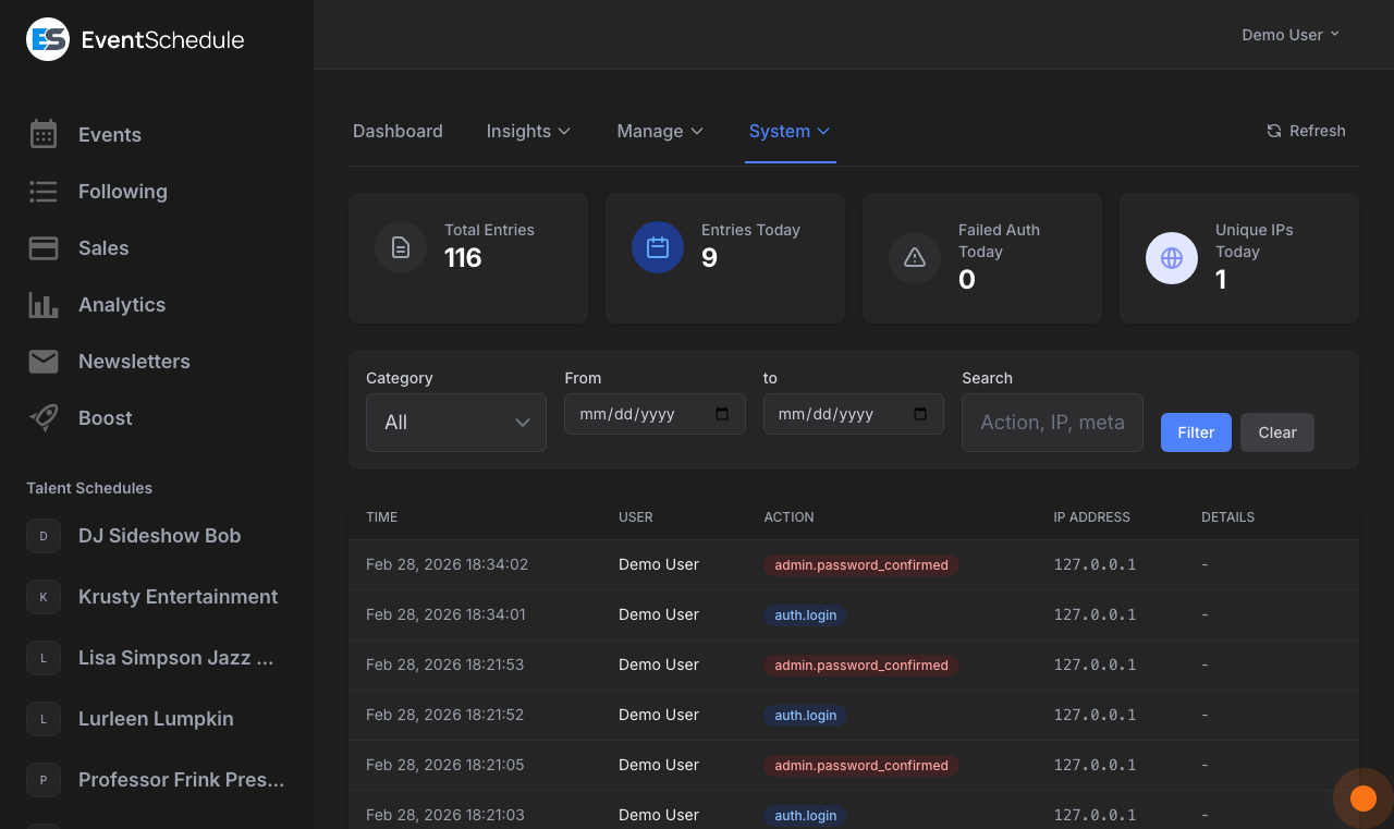 Admin audit log showing platform activity