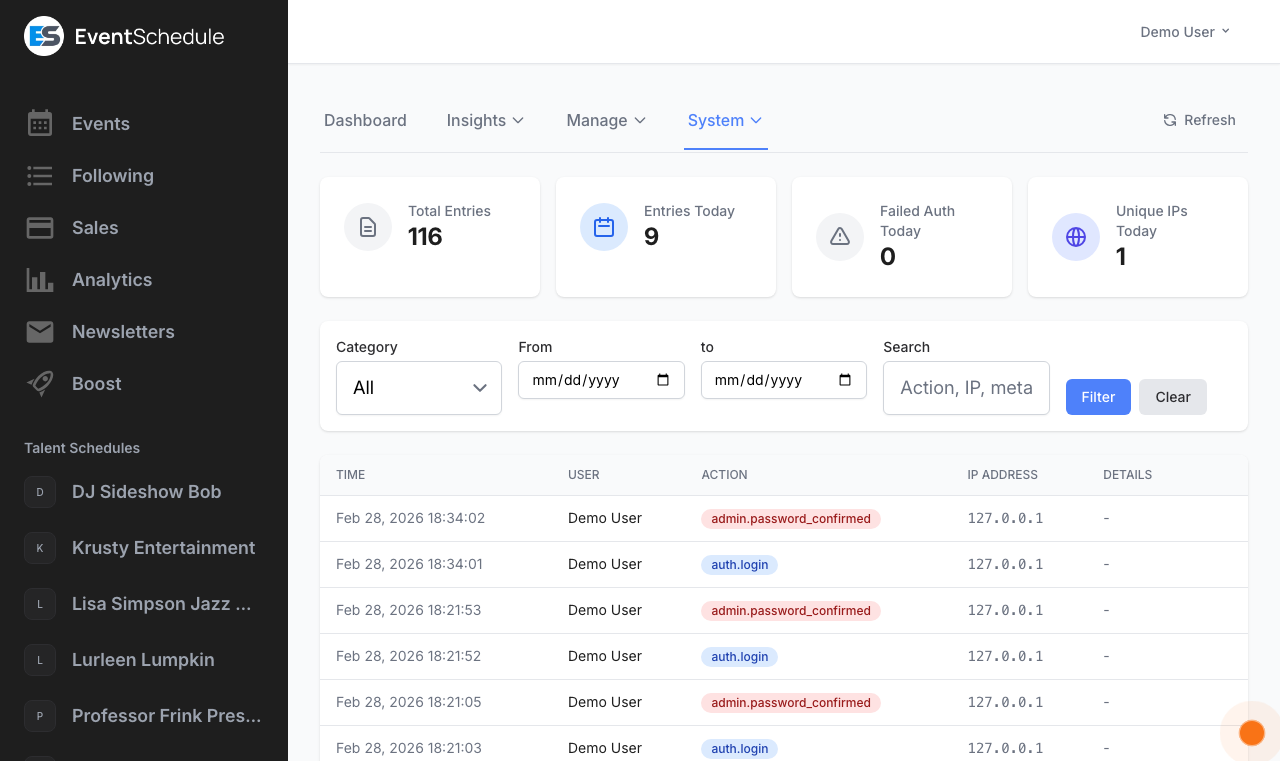 Admin audit log showing platform activity