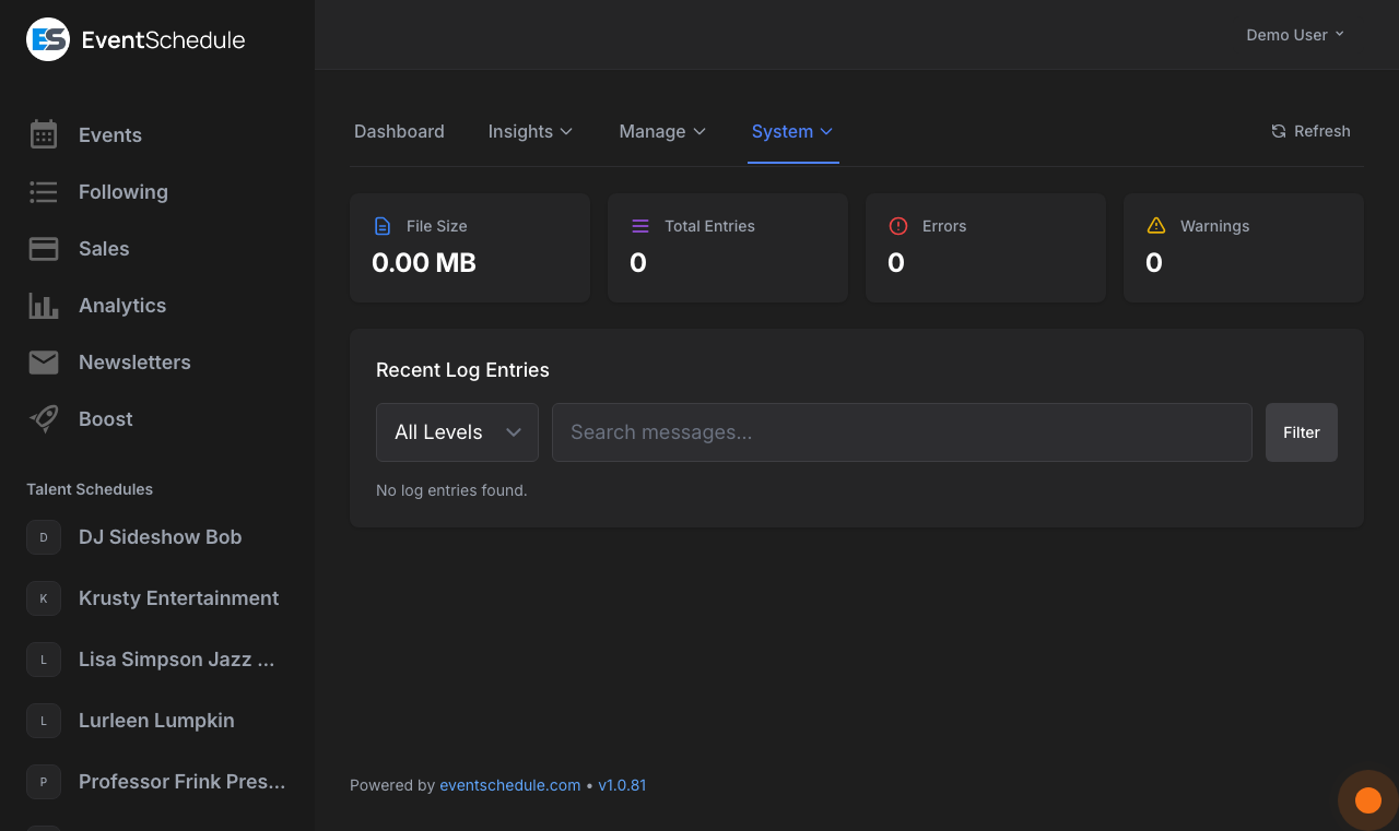 Admin logs viewer showing application log entries