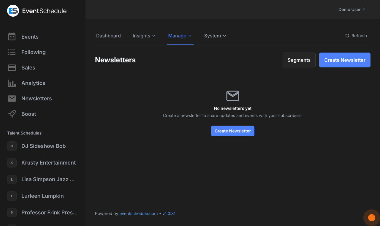 Admin newsletters management page
