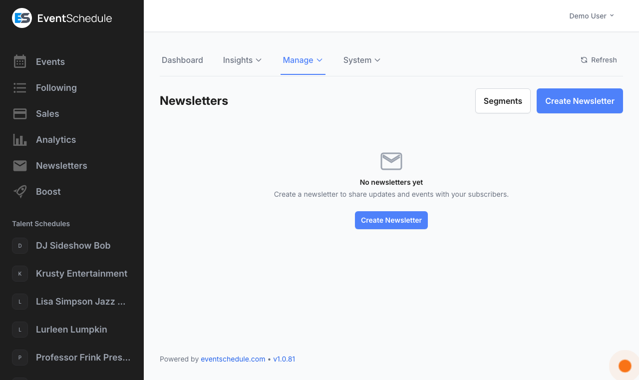 Admin newsletters management page