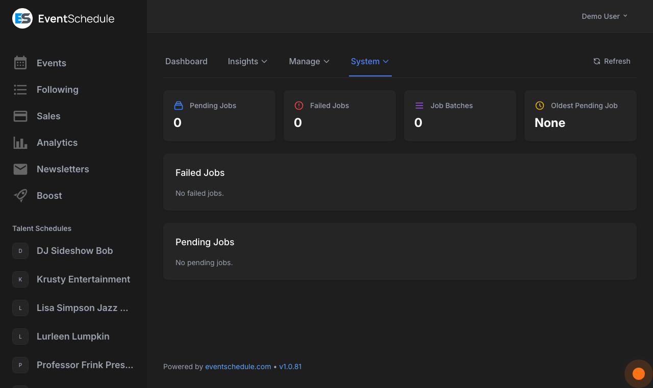 Admin queue showing background job status