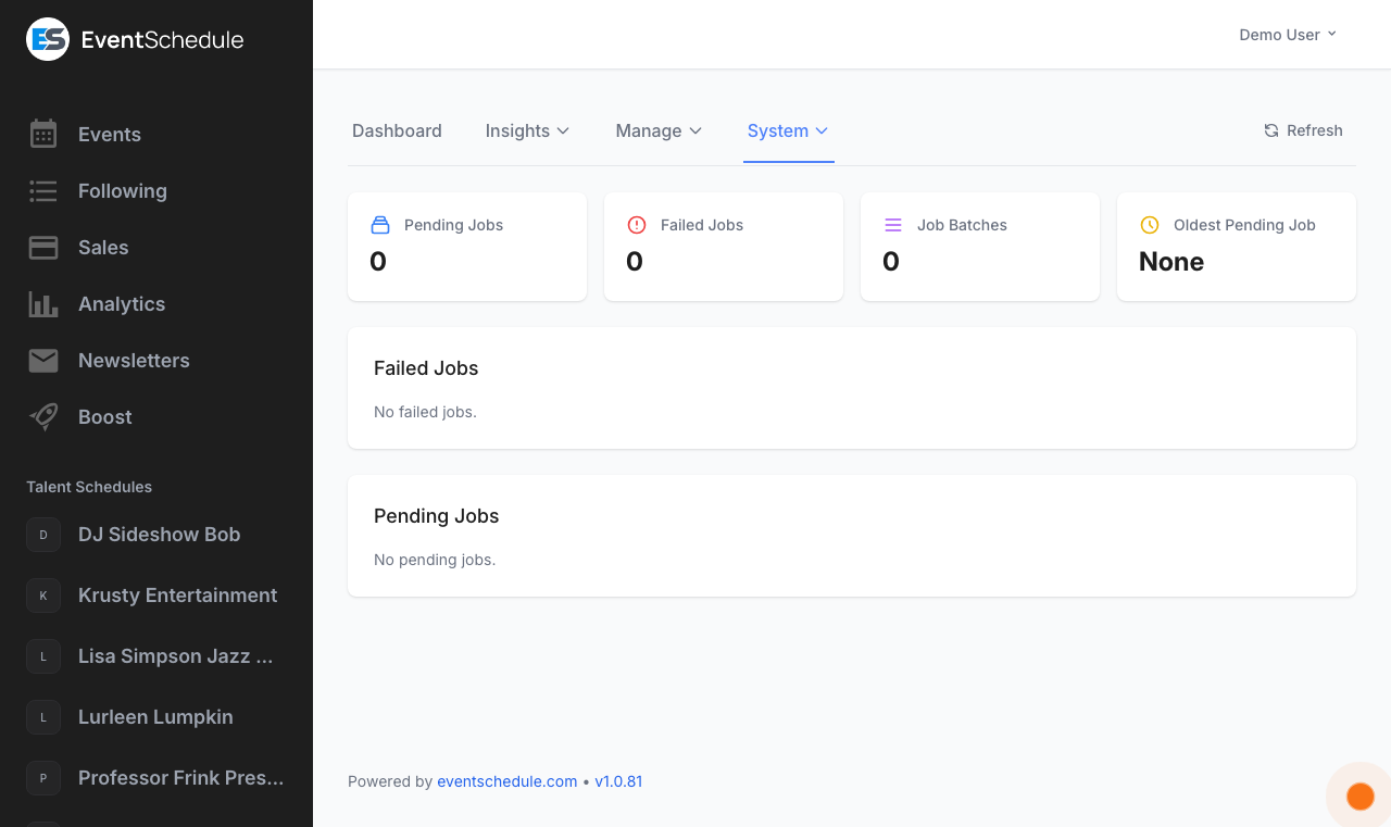 Admin queue showing background job status